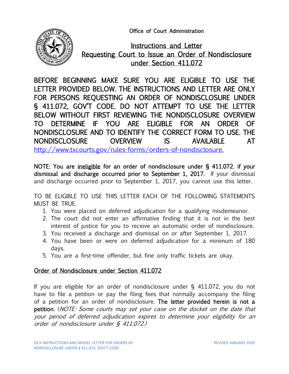 Instructions for Order of Nondisclosure Under Section 411.072 - Texas, Page 1