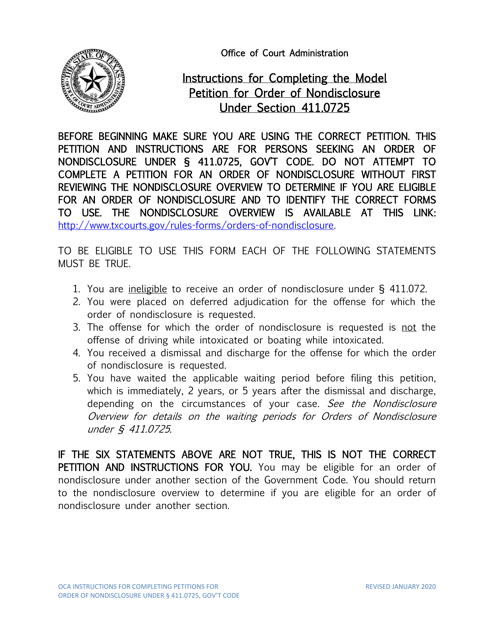 Instructions for Petition for Order of Nondisclosure Under Section 411.0725 - Texas Download Pdf
