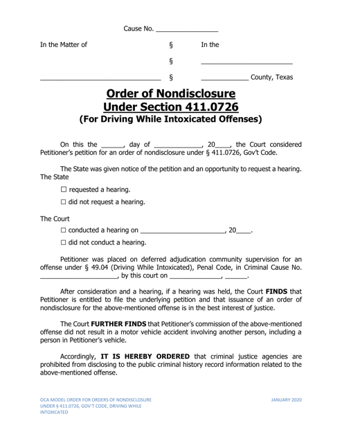 Order of Nondisclosure Under Section 411.0726 (For Driving While Intoxicated Offenses) - Texas