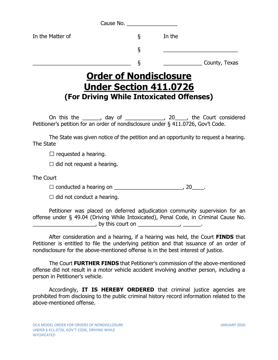 Texas Order Of Nondisclosure Under Section 411.0726 (For Driving While ...