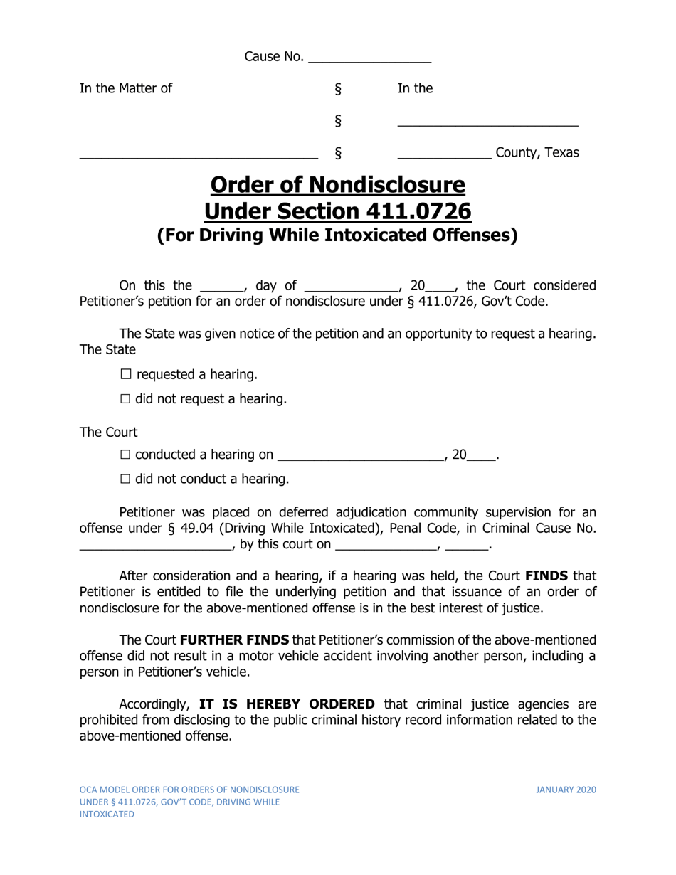 Order of Nondisclosure Under Section 411.0726 (For Driving While Intoxicated Offenses) - Texas, Page 1