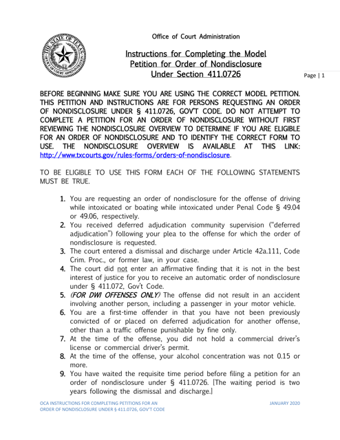 Instructions for Petition for Order of Nondisclosure Under Section 411.0726 - Texas Download Pdf