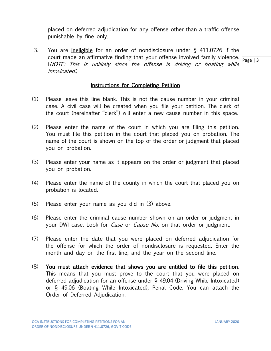 Instructions for Petition for Order of Nondisclosure Under Section 411.0726 - Texas, Page 3