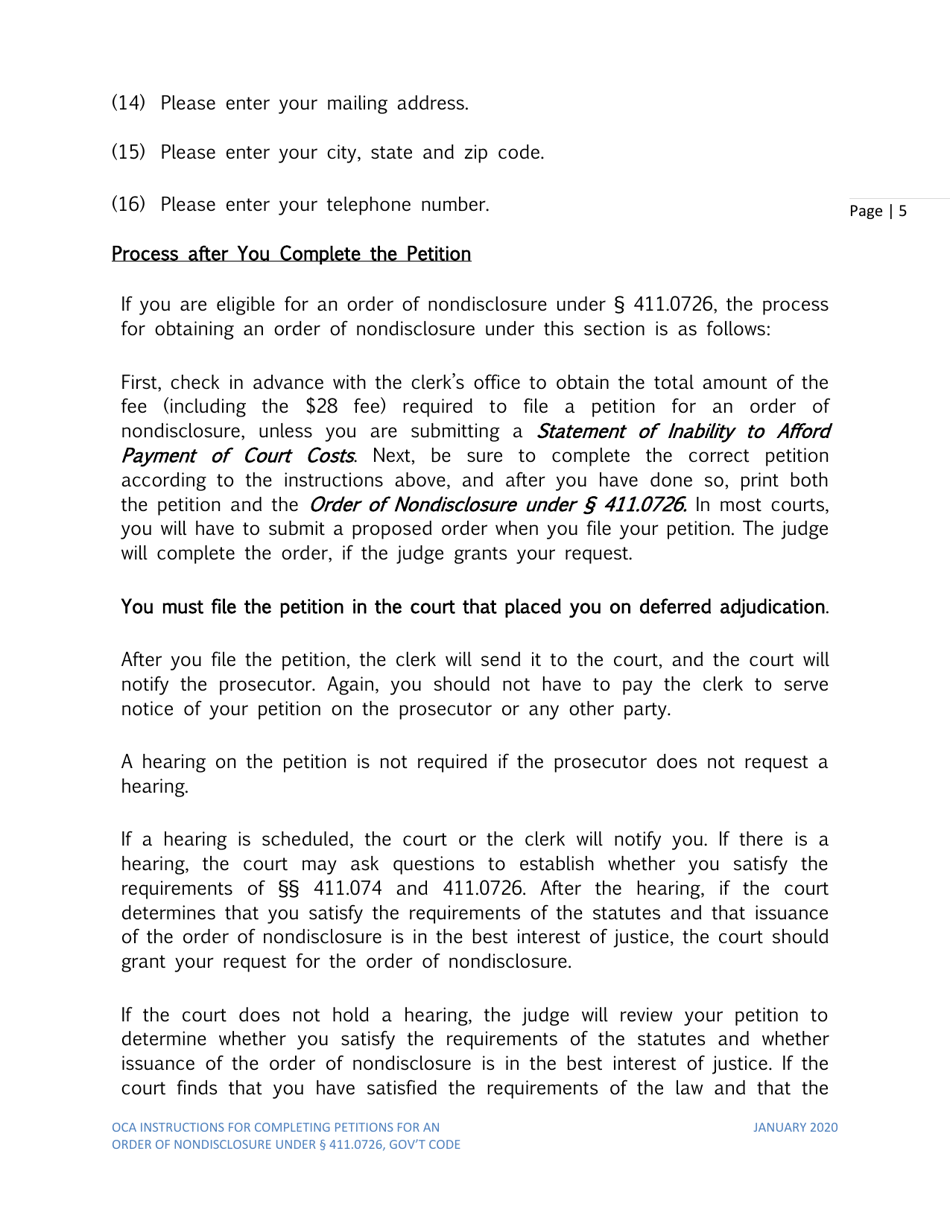 Instructions for Petition for Order of Nondisclosure Under Section 411.0726 - Texas, Page 5