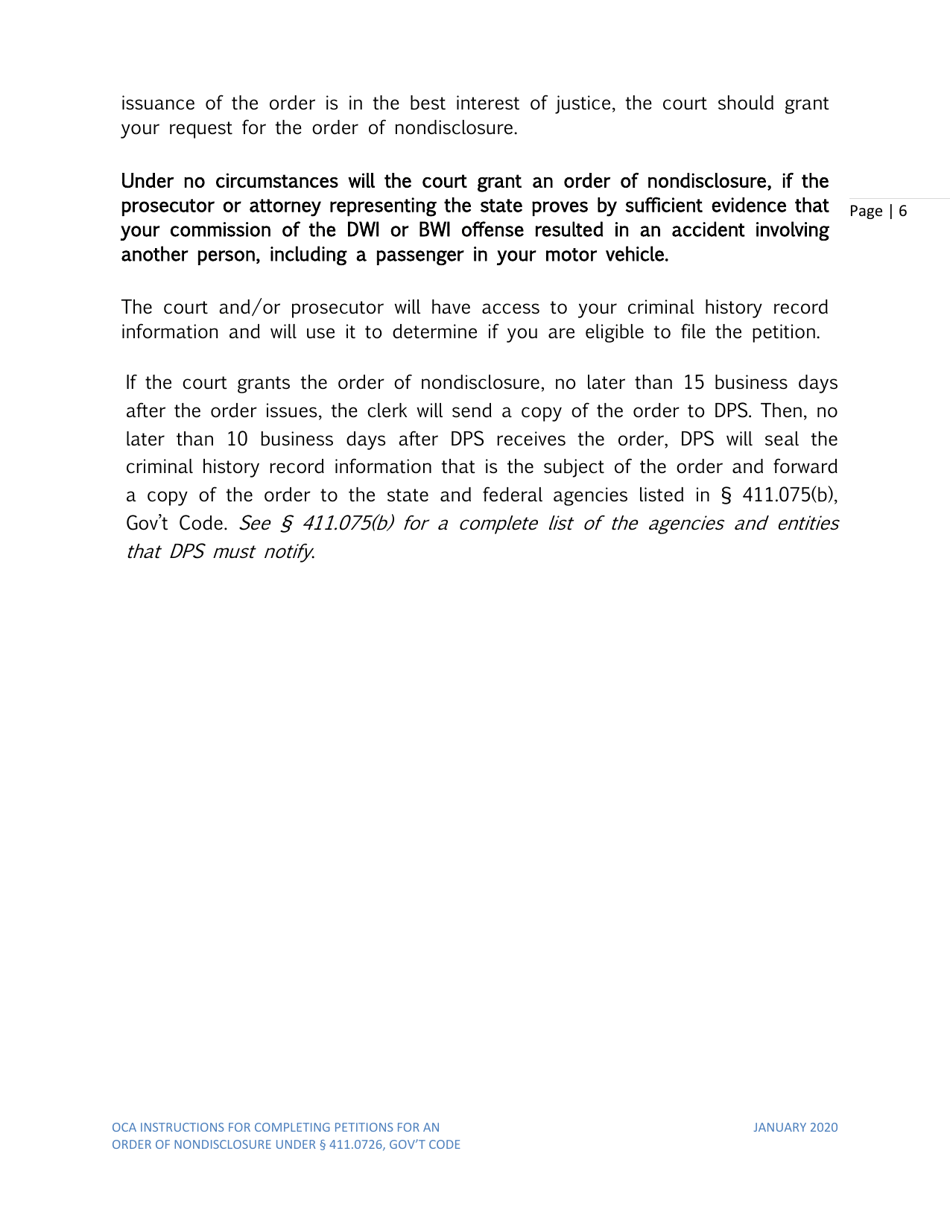Instructions for Petition for Order of Nondisclosure Under Section 411.0726 - Texas, Page 6