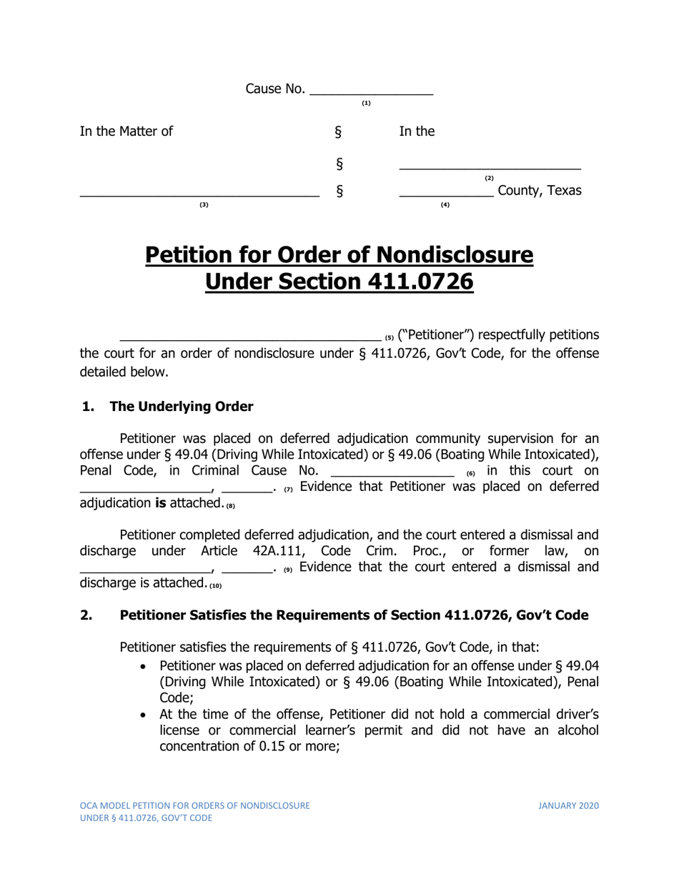 Petition for Order of Nondisclosure Under Section 411.0726 - Texas, Page 1