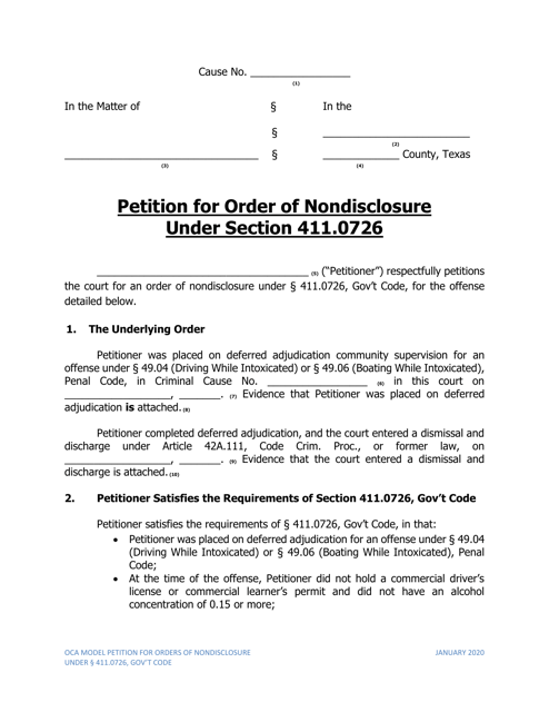 Petition for Order of Nondisclosure Under Section 411.0726 - Texas Download Pdf