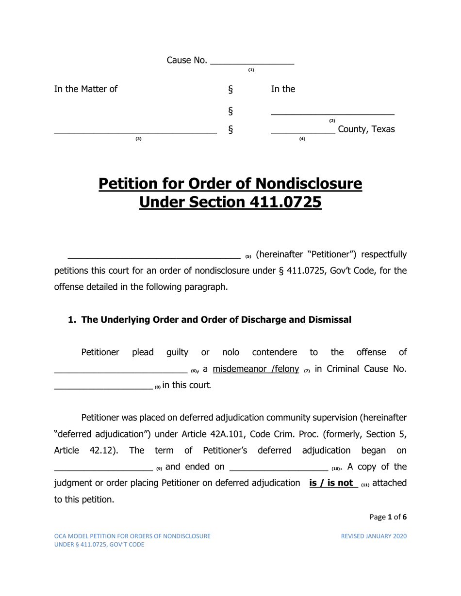 Petition for Order of Nondisclosure Under Section 411.0725 - Texas, Page 1