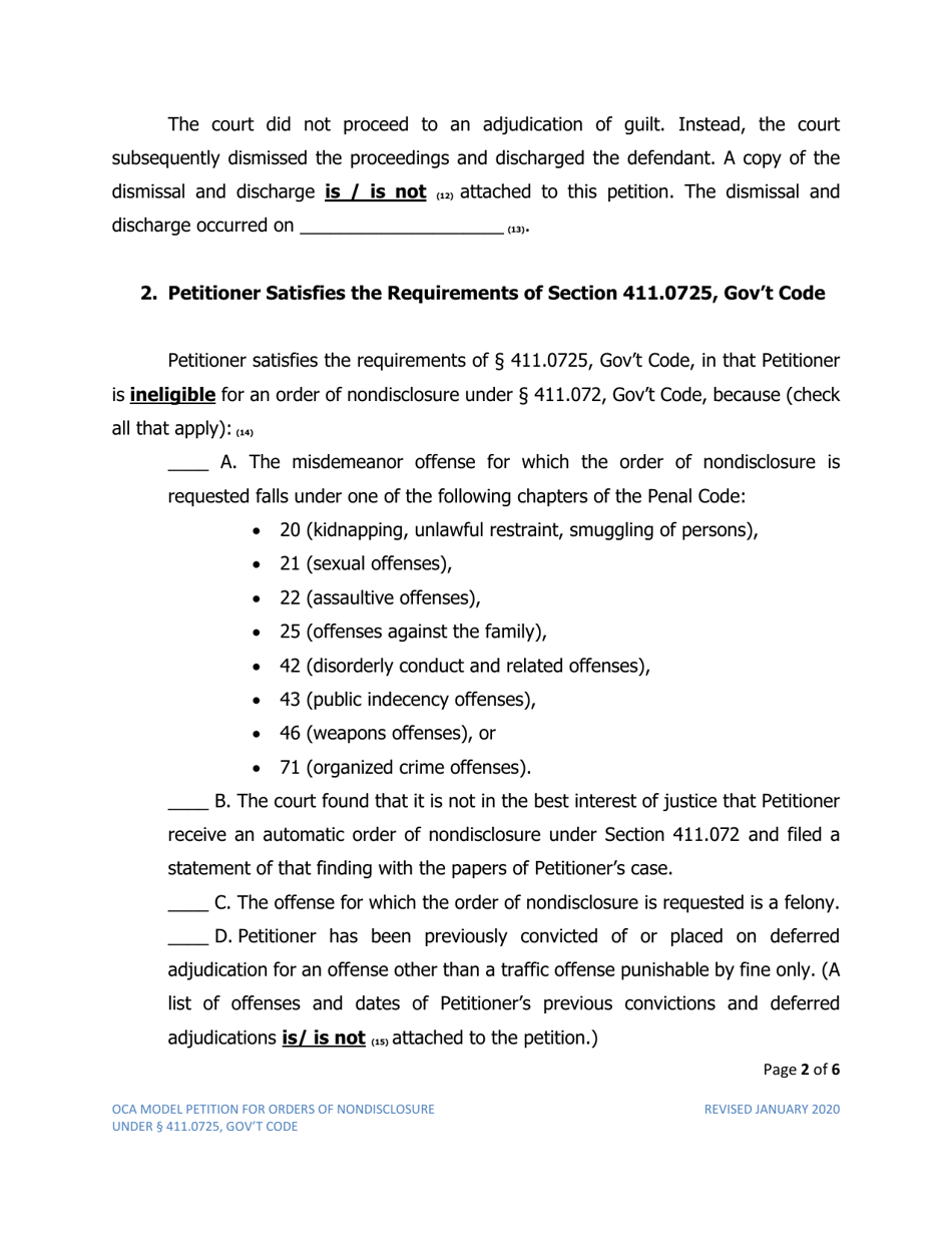 Petition for Order of Nondisclosure Under Section 411.0725 - Texas, Page 2