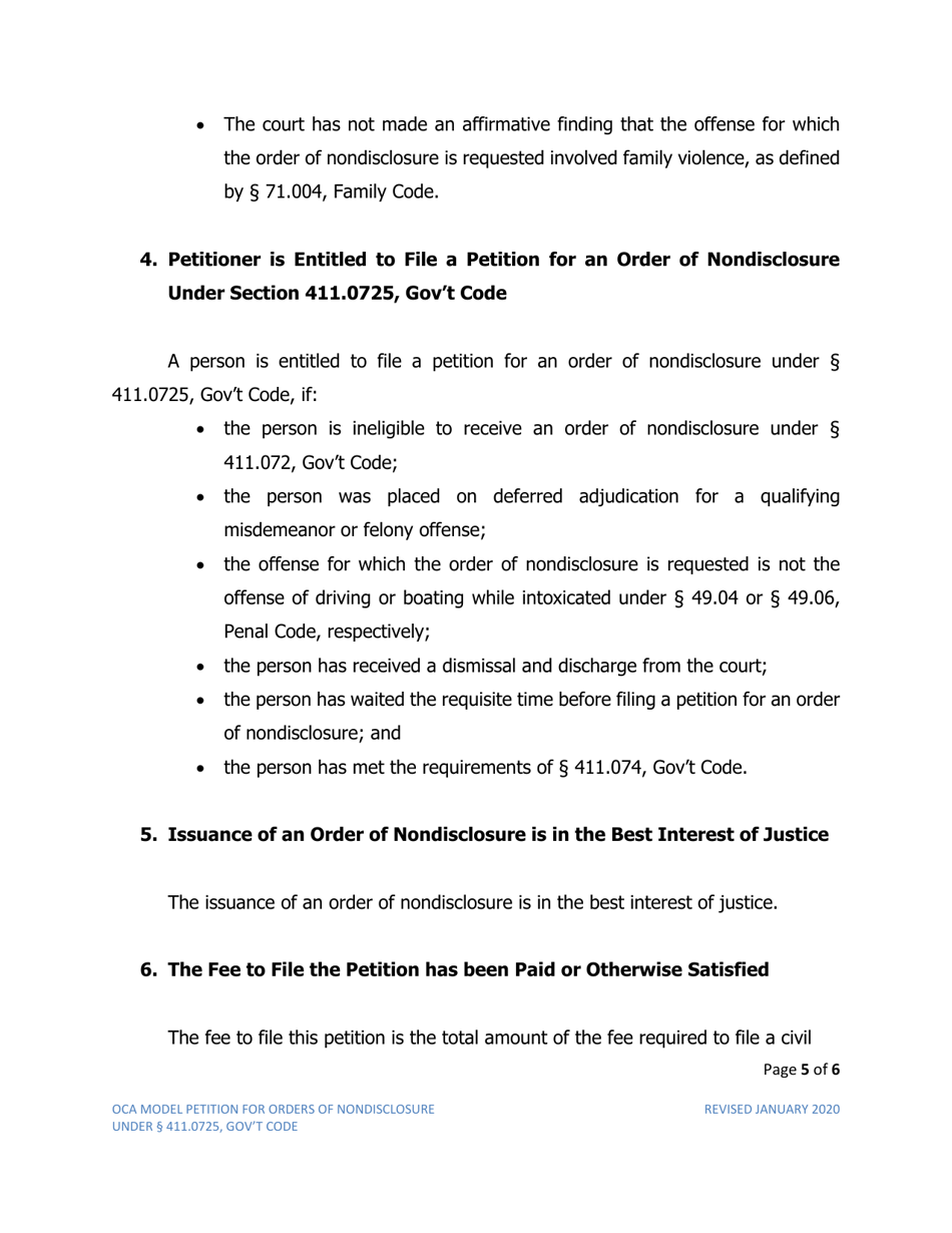 Petition for Order of Nondisclosure Under Section 411.0725 - Texas, Page 5
