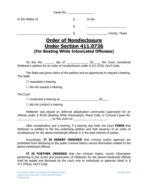 Order of Nondisclosure Under Section 411.0726 (For Boating While Intoxicated Offenses) - Texas Download Pdf