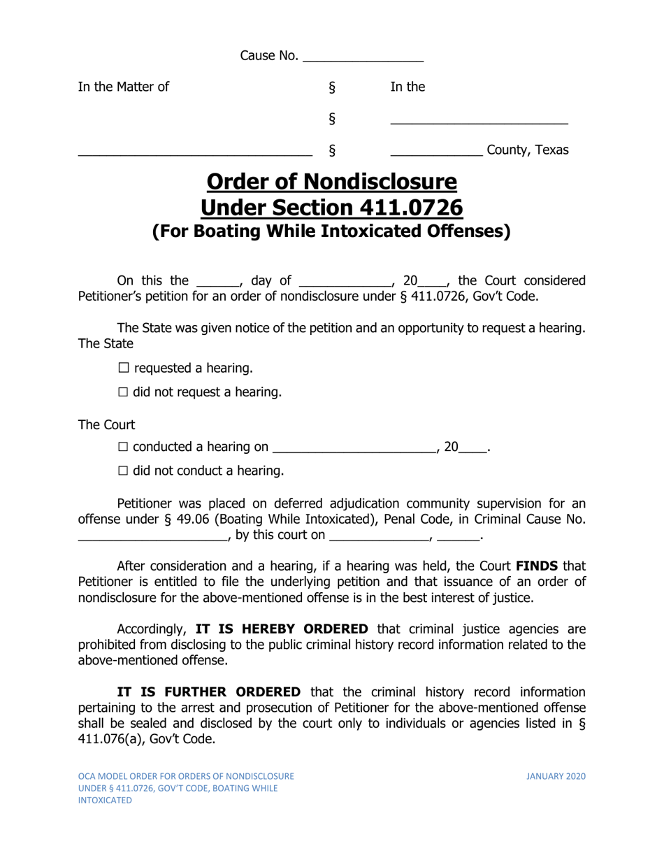 Order of Nondisclosure Under Section 411.0726 (For Boating While Intoxicated Offenses) - Texas, Page 1