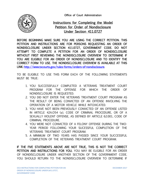Instructions for Petition for Order of Nondisclosure Under Section 411.0727 - Texas Download Pdf