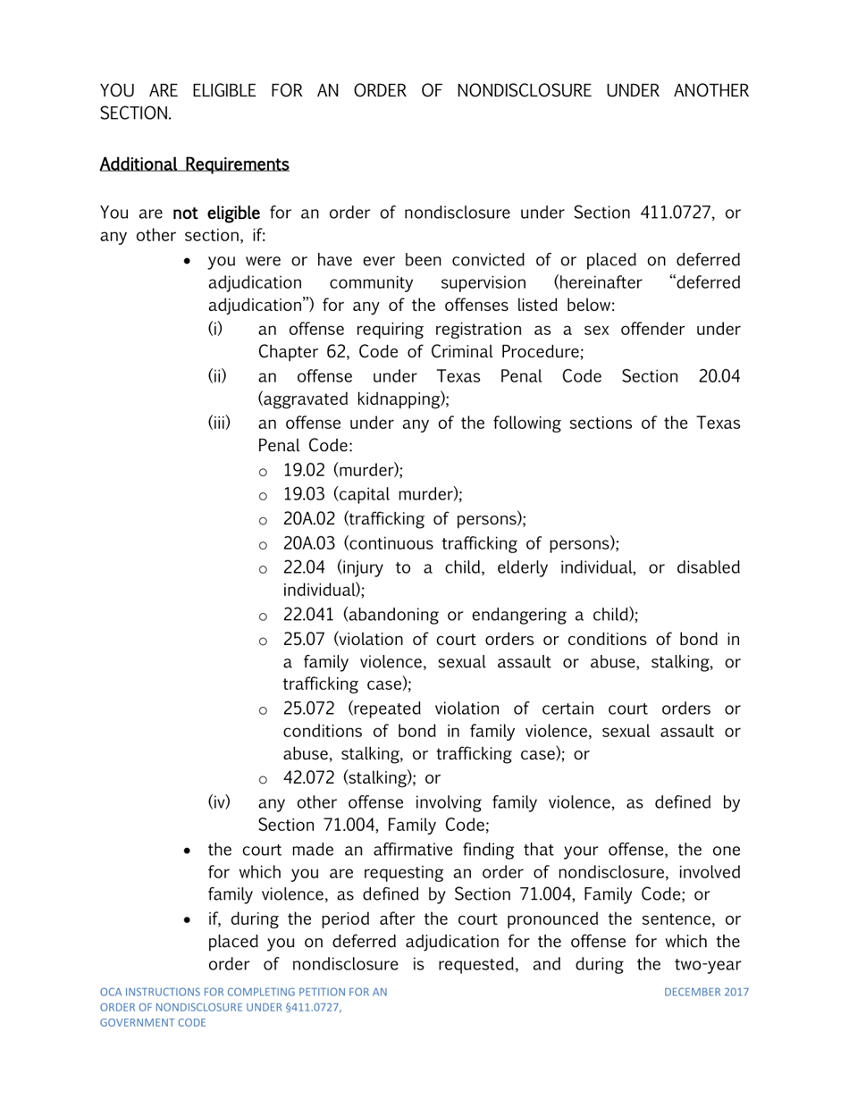 Instructions for Petition for Order of Nondisclosure Under Section 411.0727 - Texas, Page 2