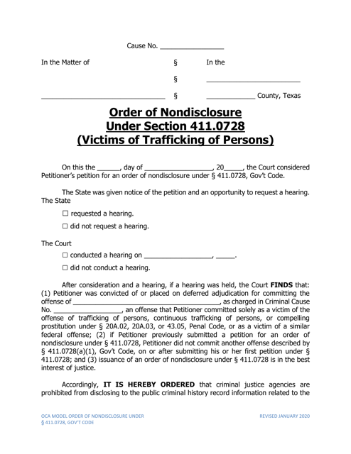 Order of Nondisclosure Under Section 411.0728 (Victims of Trafficking of Persons) - Texas Download Pdf