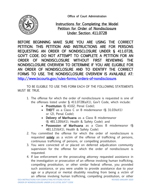 Instructions for Petition for Order of Nondisclosure Under Section 411.0728 - Texas Download Pdf