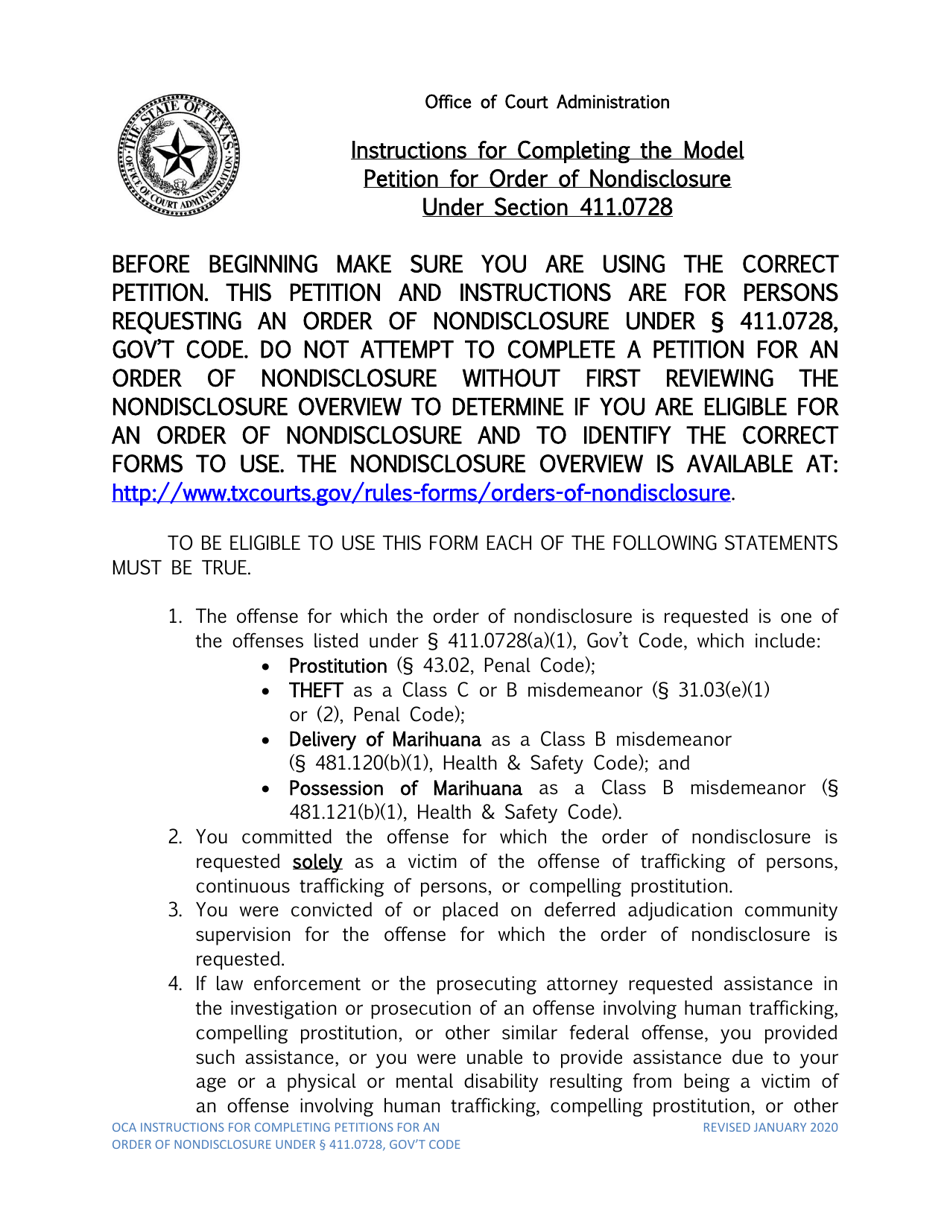 Instructions for Petition for Order of Nondisclosure Under Section 411.0728 - Texas, Page 1