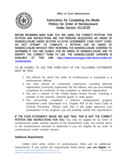 Instructions for Petition for Order of Nondisclosure Under Section 411.0729 - Texas Download Pdf