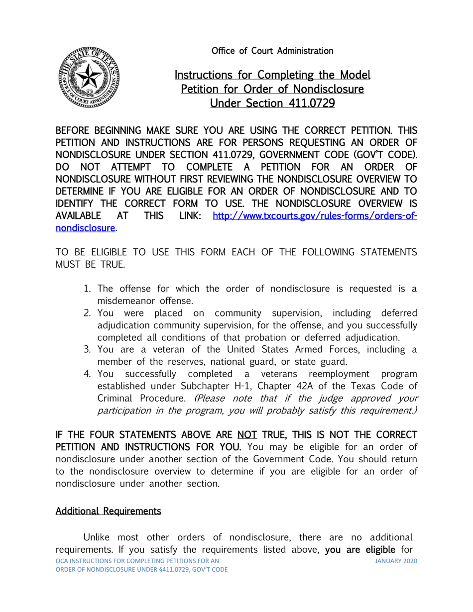 Instructions for Petition for Order of Nondisclosure Under Section 411.0729 - Texas, Page 1