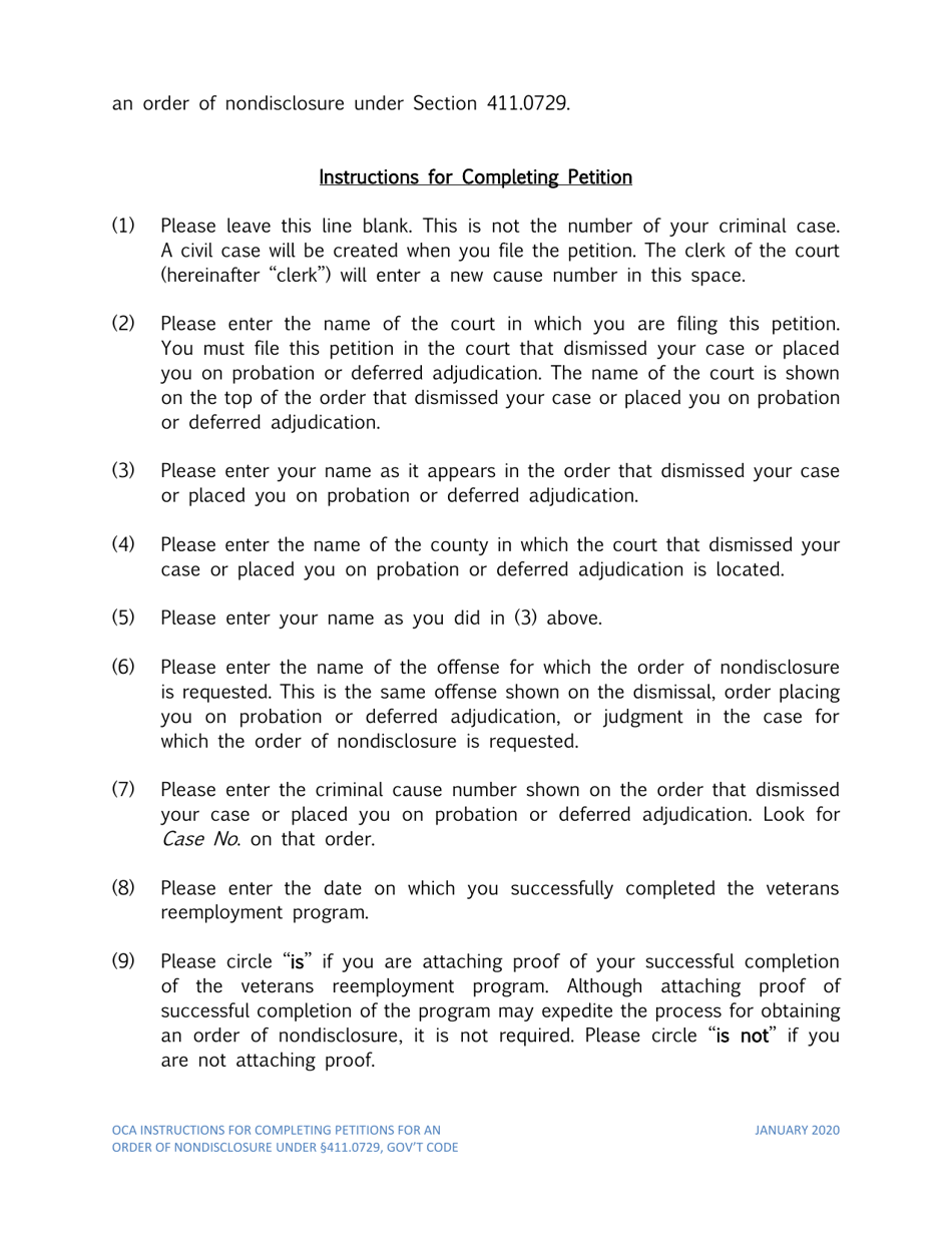 Instructions for Petition for Order of Nondisclosure Under Section 411.0729 - Texas, Page 2