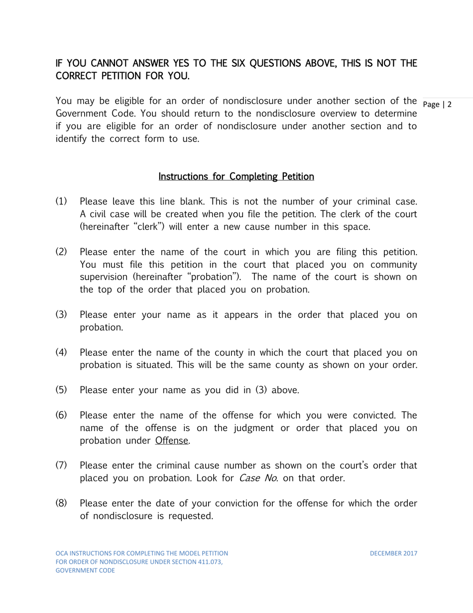 Instructions for Petition for Order of Nondisclosure Under Section 411.073 - Texas, Page 2