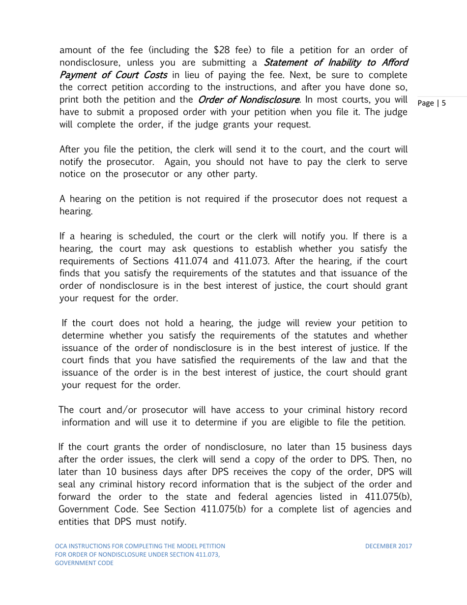 Instructions for Petition for Order of Nondisclosure Under Section 411.073 - Texas, Page 5