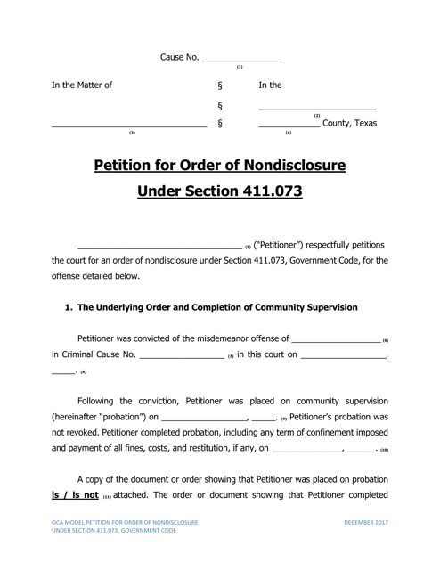 Petition for Order of Nondisclosure Under Section 411.073 - Texas Download Pdf
