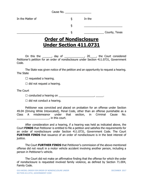 Order of Nondisclosure Under Section 411.0731 - Texas Download Pdf