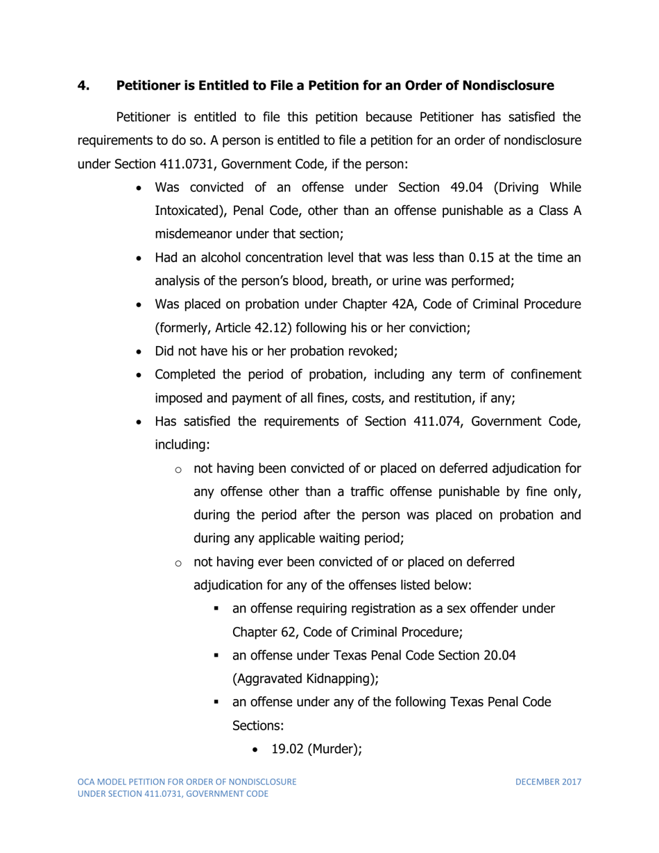 Texas Petition For Order Of Nondisclosure Under Section 411.0731 - Fill ...