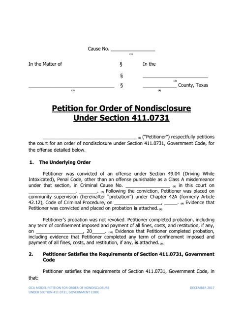 Petition for Order of Nondisclosure Under Section 411.0731 - Texas Download Pdf