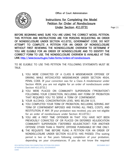 Instructions for Petition for Order of Nondisclosure Under Section 411.0731 - Texas Download Pdf