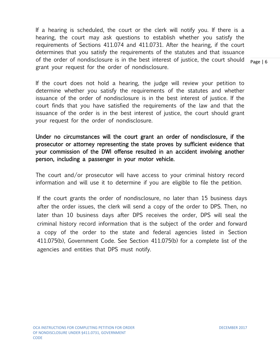 Instructions for Petition for Order of Nondisclosure Under Section 411.0731 - Texas, Page 6