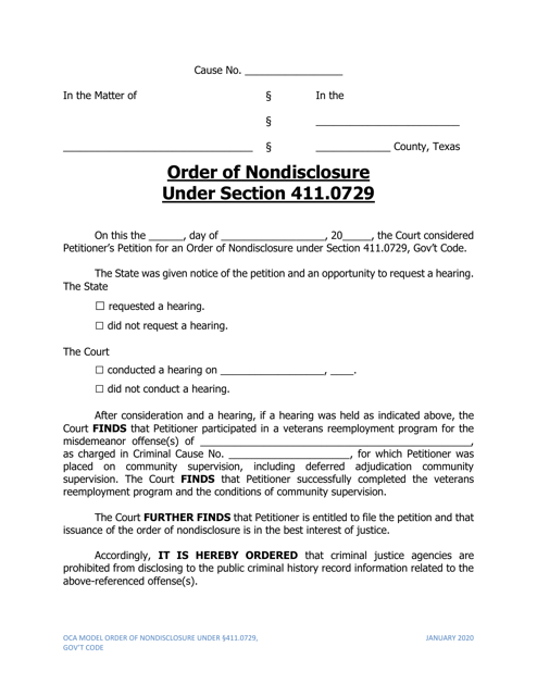 Order of Nondisclosure Under Section 411.0729 - Texas Download Pdf