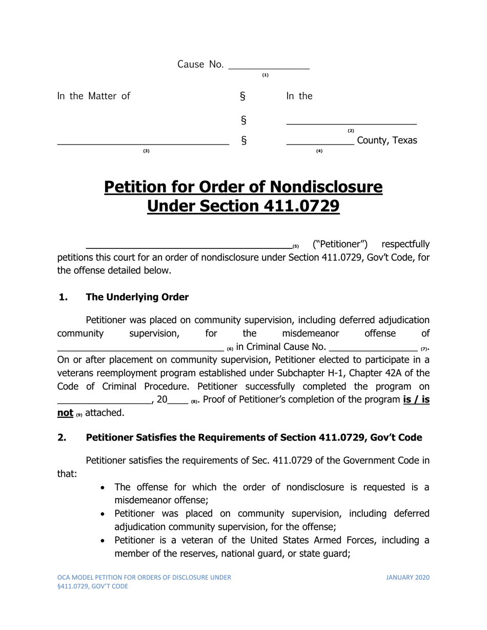 Petition for Order of Nondisclosure Under Section 411.0729 - Texas, Page 1