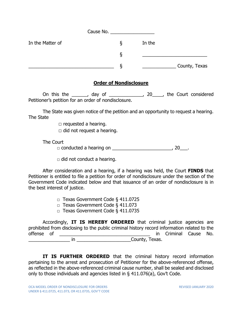Order of Nondisclosure - Texas, Page 1