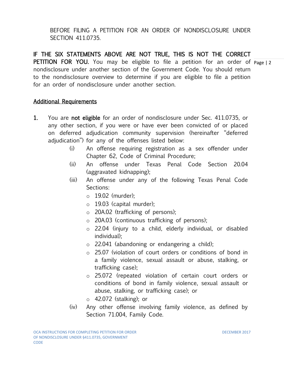 Instructions for Petition for Order of Nondisclosure Under Section 411.0735 - Texas, Page 2