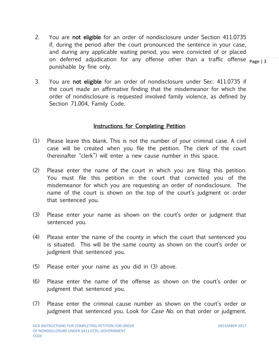 Instructions for Petition for Order of Nondisclosure Under Section 411.0735 - Texas, Page 3