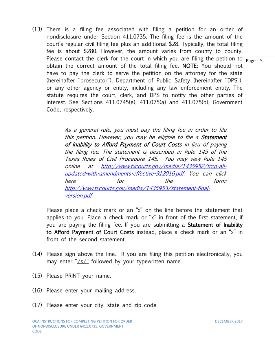 Instructions for Petition for Order of Nondisclosure Under Section 411.0735 - Texas, Page 5