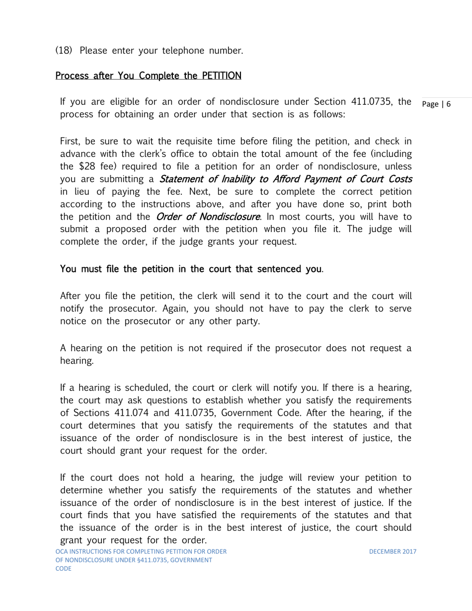 Instructions for Petition for Order of Nondisclosure Under Section 411.0735 - Texas, Page 6