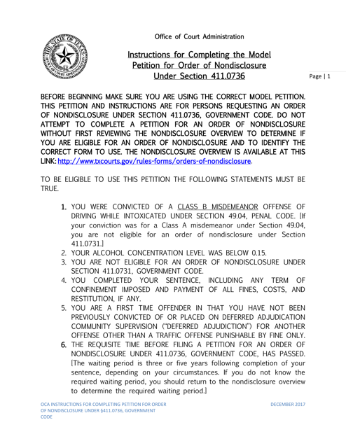 Instructions for Petition for Order of Nondisclosure Under Section 411.0736 - Texas Download Pdf