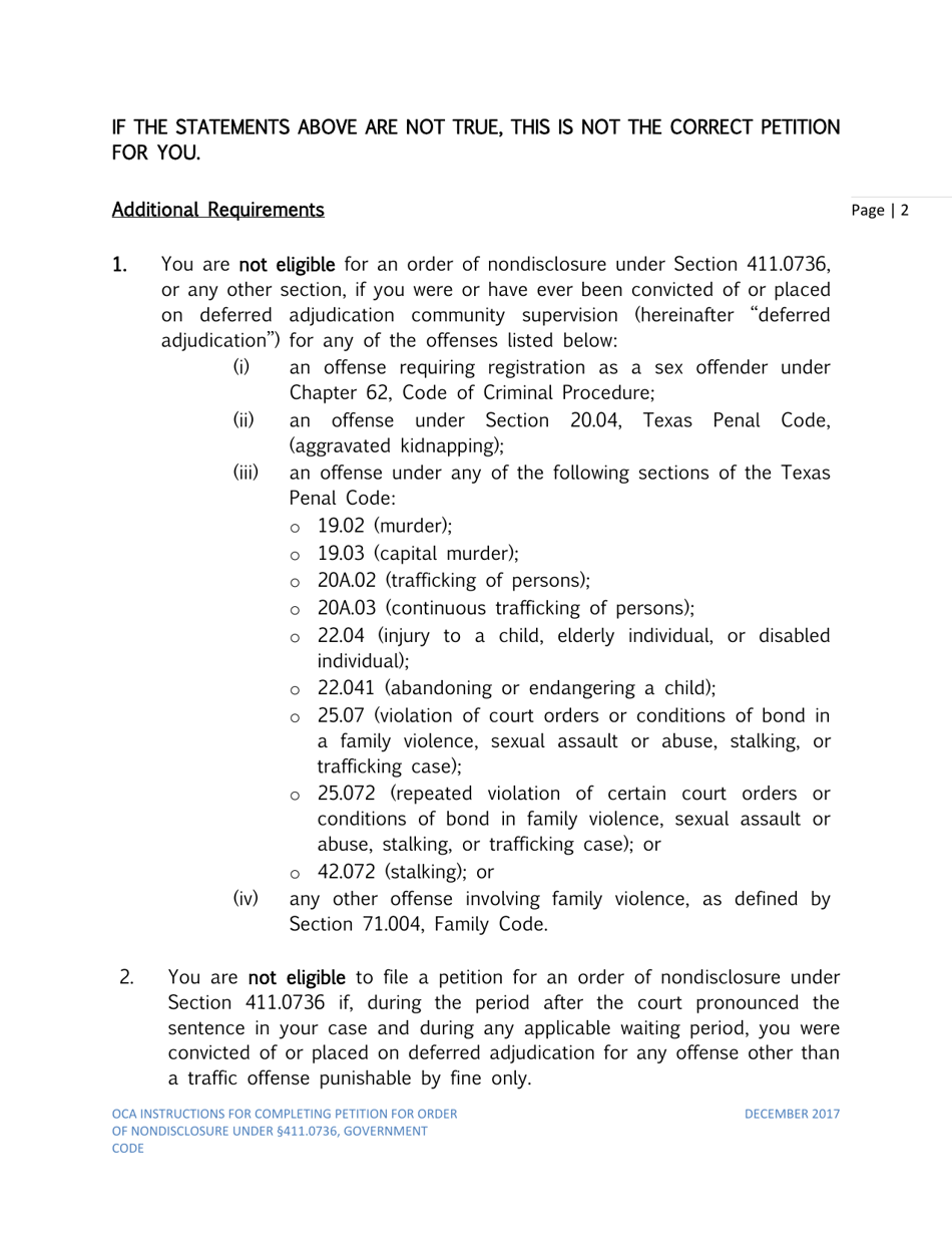 Instructions for Petition for Order of Nondisclosure Under Section 411.0736 - Texas, Page 2