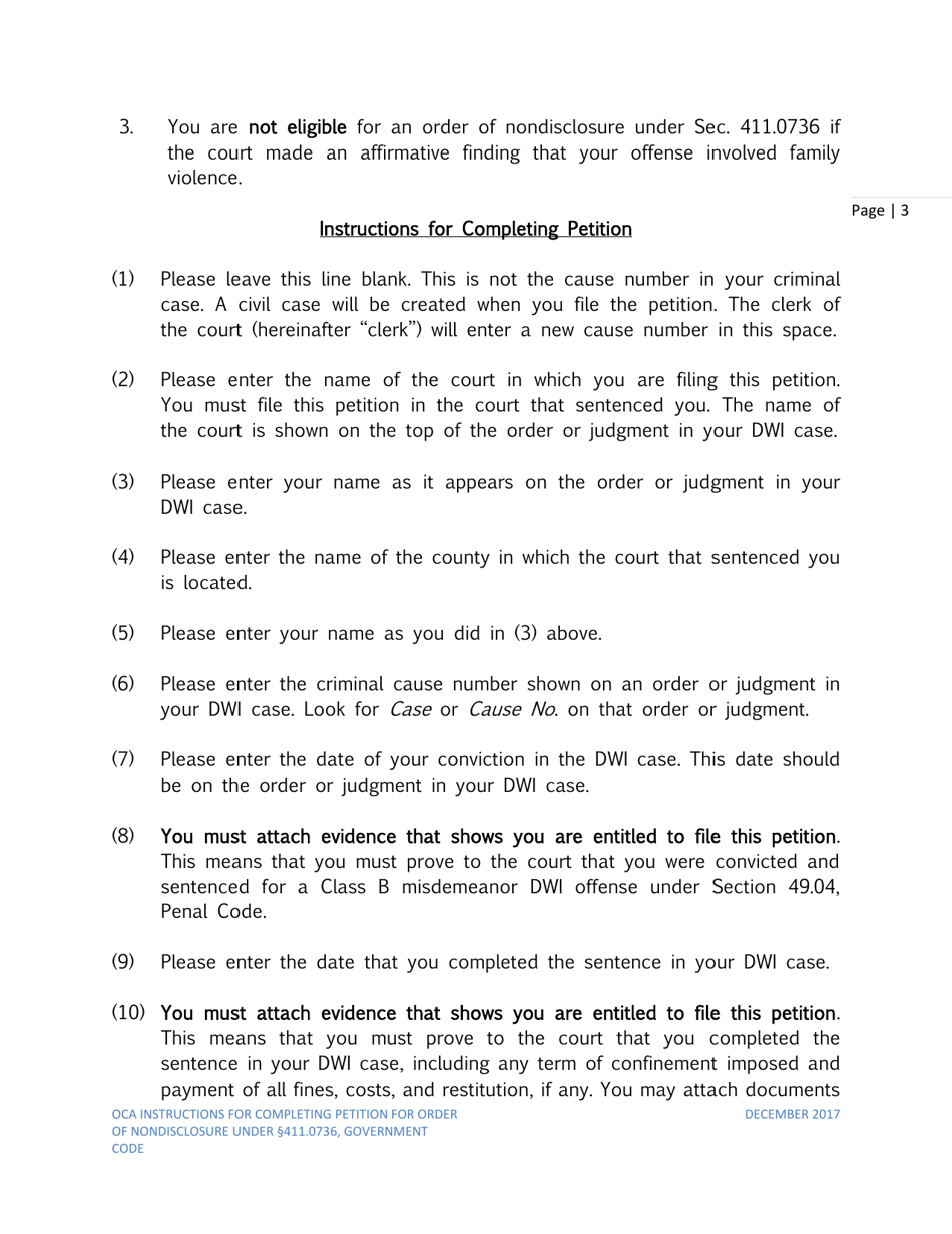 Instructions for Petition for Order of Nondisclosure Under Section 411.0736 - Texas, Page 3
