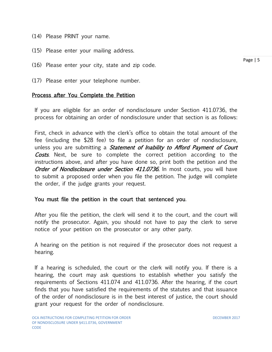 Instructions for Petition for Order of Nondisclosure Under Section 411.0736 - Texas, Page 5