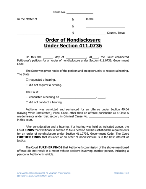 Order of Nondisclosure Under Section 411.0736 - Texas Download Pdf