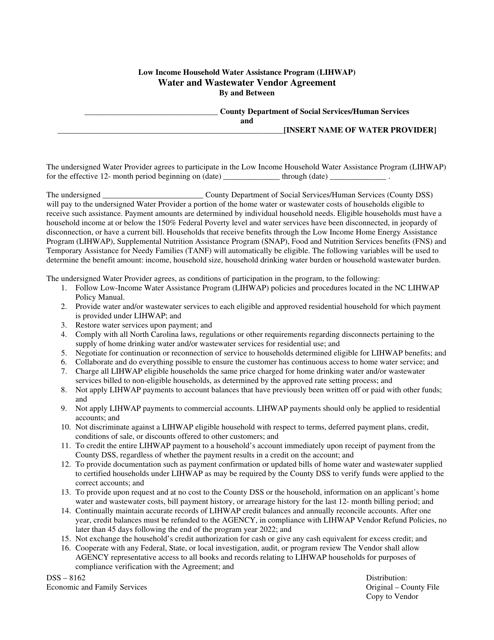 Form DSS-8162 Water and Wastewater Vendor Agreement - Low Income Household Water Assistance Program (Lihwap) - North Carolina
