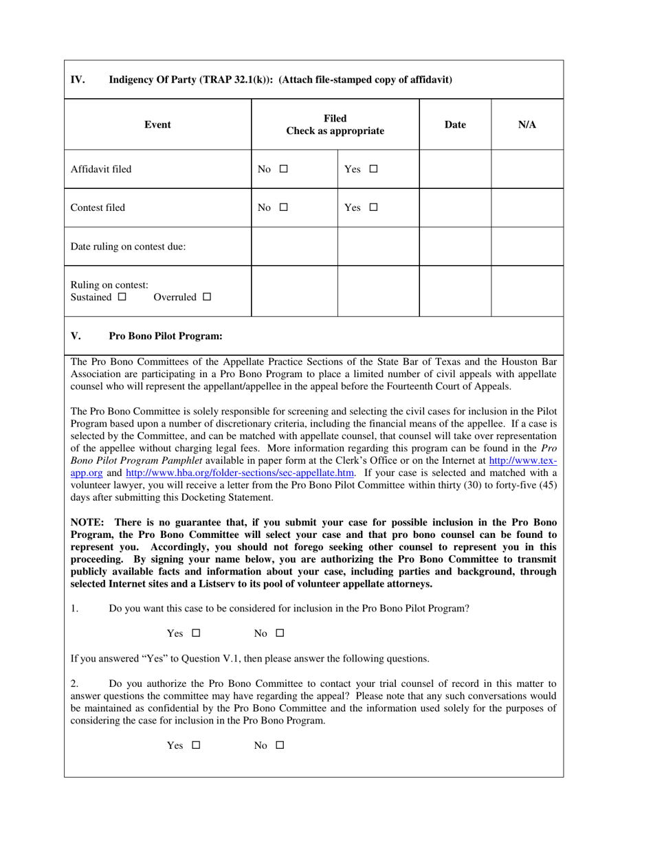 Civil Appeal Mediation Docketing Statement - Fourteenth Judicial District - Texas, Page 2