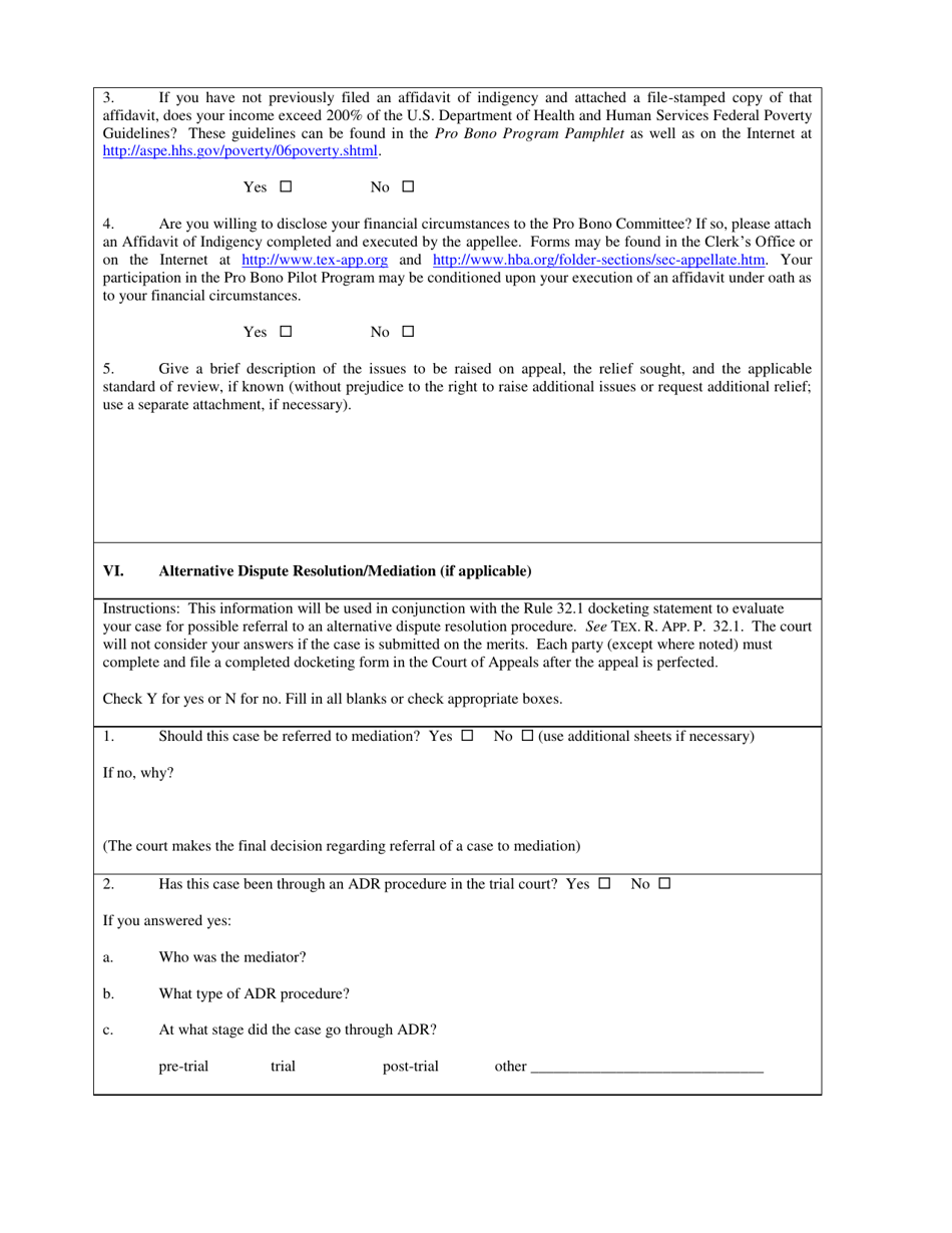 Civil Appeal Mediation Docketing Statement - Fourteenth Judicial District - Texas, Page 3