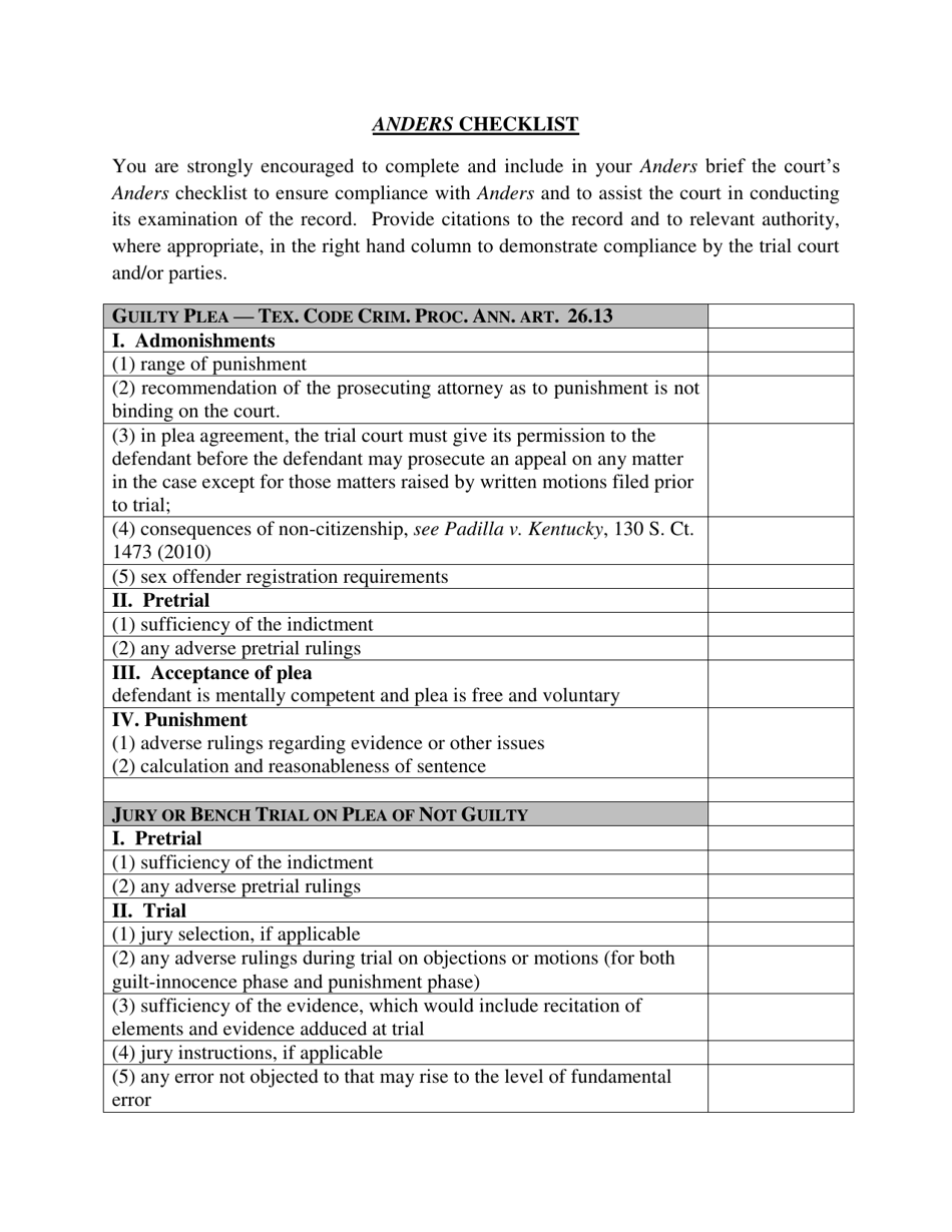 Anders Checklist - Texas, Page 1