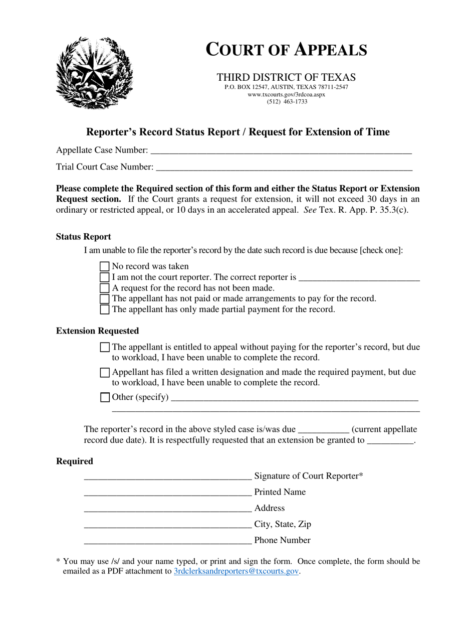 Reporter's Record Status Report/Request for Extension of Time - Third Judicial District - Texas, Page 1