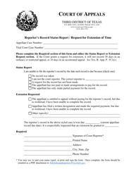Document preview: Reporter's Record Status Report/Request for Extension of Time - Third Judicial District - Texas